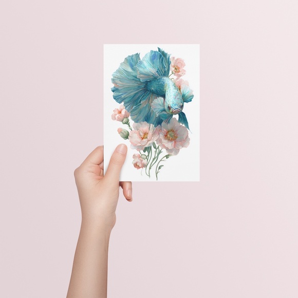 Watercolor Betta Fish with Flowers Wall Art Print Unframed - Enchanting Aquatic - Picture 5 of 6